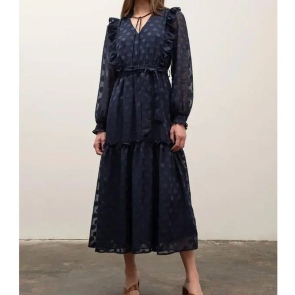 Moon River Navy Polka Dot Midi Dress Small Sheer Long Sleeve Ruffle Tie Belt - Picture 1 of 11